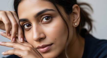 Fototapeta premium Close-up portrait of a young South Asian woman with natural skin. Focused gaze of a female with brown eyes and dark hair. Skincare and wellness concept