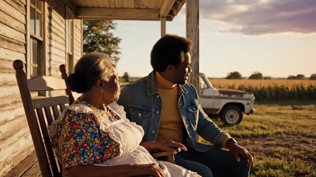 Black mother and son at sunset