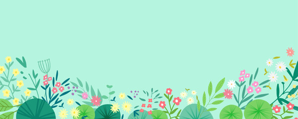 Spring and summer light blue background with copy space for text and floral composition of flowers, leaves and plants, vector illustration.