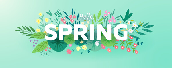 Spring inscription on floral composition and blue green background, vector illustration.