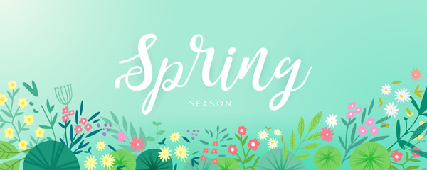 Spring and summer light blue background with copy space for text and floral composition of flowers, leaves and plants, vector illustration.