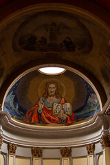 Neoclassical Church Architecture with Ornate Columns and Religious Fresco, Vertical Perspective of  Traditional Christian Basilica