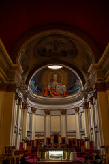 Full View of Catholic Church Altar with Jesus Christ Mosaic, Cathedral Sanctuary Interior Featuring High Altar and Sacred Art