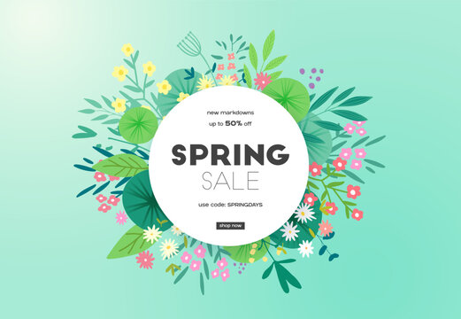 Floral spring design with flowers, green leaves and plants. Round shape with space for text. Banner or flyer sale template, vector illustration.