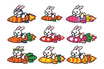 Obraz premium A group of cartoon rabbits riding colorful rockets made of carrots on a white background