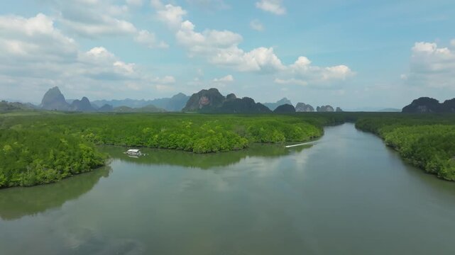 Aerial view of Phang Nga Bay showcasing lush greenery and tranquil waters