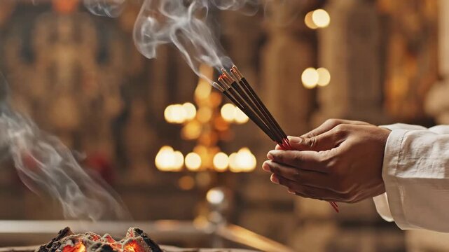 Hands holding burning incense sticks during a religious ritual. Smoke rising from agarbatti in a temple with warm bokeh lights. Spiritual prayer and meditation concept
