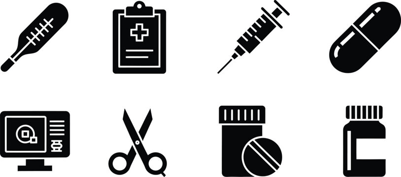 Set of 8 medical icons, thermometer, clipboard, syringe, capsule, computer, scissors, pill bottle, and medicine jar. Black and white vector illustration for healthcare.