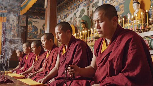 Buddhist monks meditating and chanting in a temple. Traditional spiritual ceremony with incense and mala beads