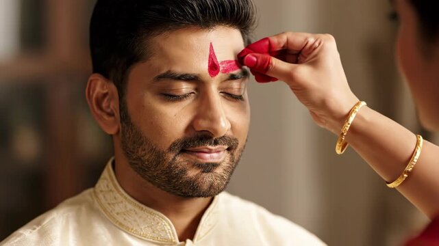 Indian man receiving a red tilak on his forehead. Woman's hand applying traditional kumkum mark during a Hindu ritual. Cultural blessing and festival celebration