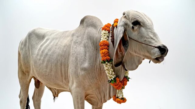 A sacred Indian zebu cow with a flower garland on a white background. Holy Brahman bull decorated for a Hindu festival. Religious worship and agriculture concept