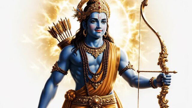 Lord Rama, a Hindu deity, with bow and arrow. Animated illustration of the divine god with blue skin and golden attire against a radiant aura. Spirituality and devotion concept