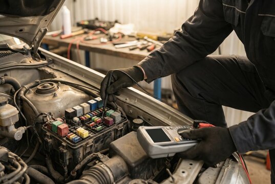 An auto electrician uses a multimeter to check the fuse box in a car's engine bay during diagnostics.