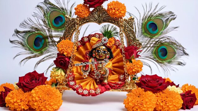 Decorated idol of Lord Krishna, Laddu Gopal, on a swing for Janmashtami festival. Hindu deity statue with flowers and peacock feathers. Gentle swaying motion for religious worship and celebration