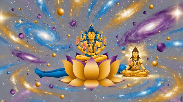 Hindu cosmology and creation. Vishnu, Brahma, and Shiva in a spiritual universe. Animated depiction of divine meditation and cosmic evolution