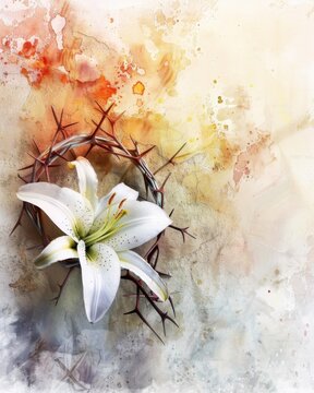 Crown of thorns beside a white Easter lily on textured stone. Symbolic Christian Holy Week concept sacrifice, purity, redemption resurrection watercolor art background copy space Easter service mass