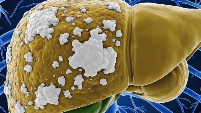 Pollen grain with white particles on surface, possibly fungus or mold, against blue background of branching tubes or fibers