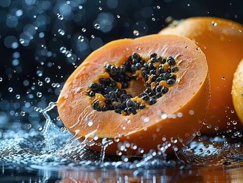 Dragon fruit halves with vibrant pink interior and black seeds on a reflective surface, water droplets around, lit from above, glossy texture, contrasting dark background, realistic sty - AI-Generated