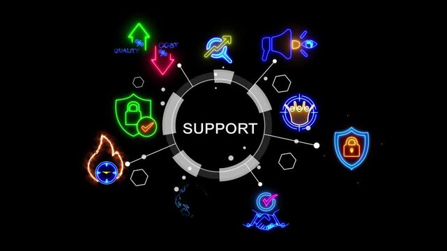 glowing neon line banner of support concept with icons of service, advice, assistance, help, reliability, expert and solutions on virtual screen.
