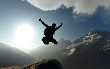 Hiker Jumping Silhouette Celebrating Success On Mountain Peak