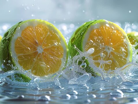 Close-up of three lemons in a triangular formation, freshly squeezed and splattered with lemon juice Naturalistic lighting enhances texture and color saturation - AI-Generated