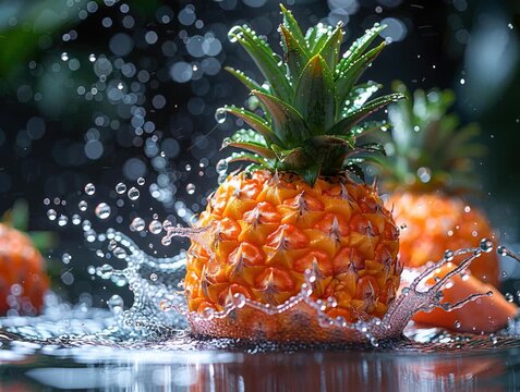 Close-up image of a moving pineapple with water droplets, against a blurred background of additional pineapples in bright lighting - AI-Generated
