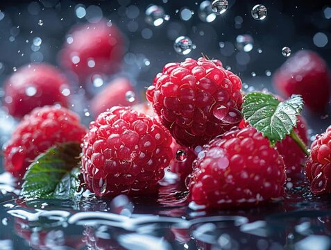 Close-up shot of wet, scattered raspberries with raindrops, soft lighting, rich red color, shallow perspective, realistic style - AI-Generated