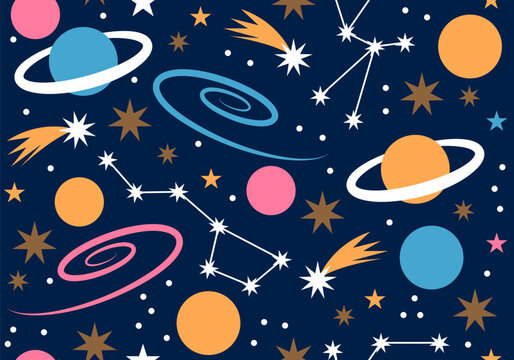 Constellations seamless pattern. Night background with stars, planents. Background with stars, vector pattern night sky filled with lots of stars