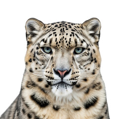 Obraz premium A magnificent snow leopard with piercing light blue eyes stares directly at the viewer, showcasing its beautiful spotted fur pattern and powerful facial features against a dramatic black background.