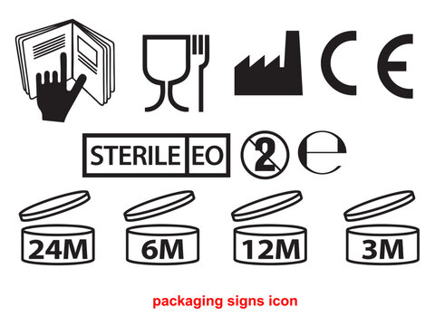 Set of black packaging signs and icons for product labeling.