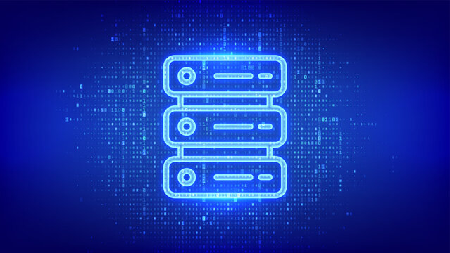 Server icon made of binary code. Computer server and data storage background. Server hosting. Database storage. Data center. Digital code background with 0s and 1s. Vector illustration.