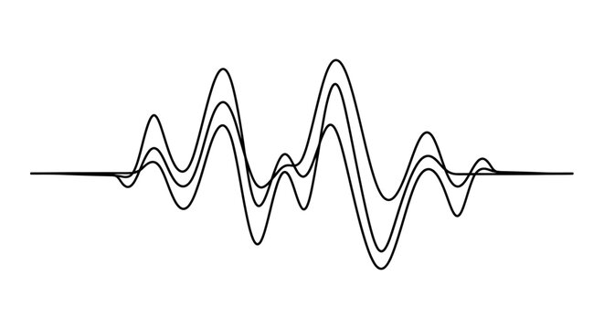 Abstract black waveform on a white background, visualizing sound, audio frequency, data, or digital signal. Modern graphic element.