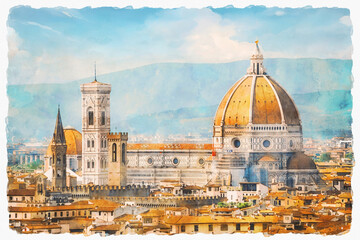 Fototapeta premium Cathedral of Santa Maria del Fiore, Florence, Italy. Panoramic view of the city center. Mountains in the background. Watercolor painting.