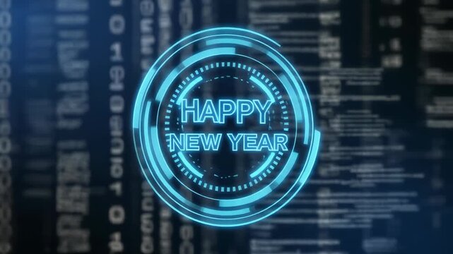 Futuristic blue neon HUD interface displaying Happy New Year text with scrolling programming code and cyber digital data background