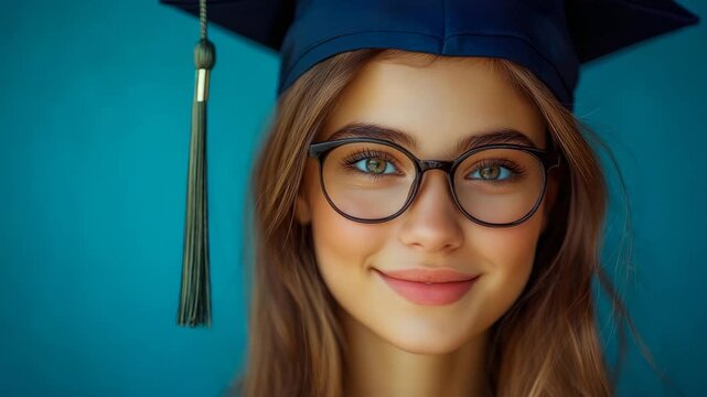 Close-up portrait of happy female student wearing graduation attire and academic cap, smiling proudly after receiving her diploma.