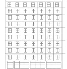 Architectural elevation drawing of a modern multi-story residential building with repetitive balconies, white line art style. © Riki