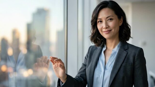 40 year old women. A confident woman in a suit stands near a large window, gazing thoughtfully at the city skyline as the sun sets, reflecting a moment of inspiration and ambition