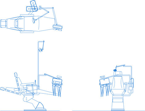 Technical vector drawing showing top, side, and front views of a modern dental chair and equipment in blue line art style.