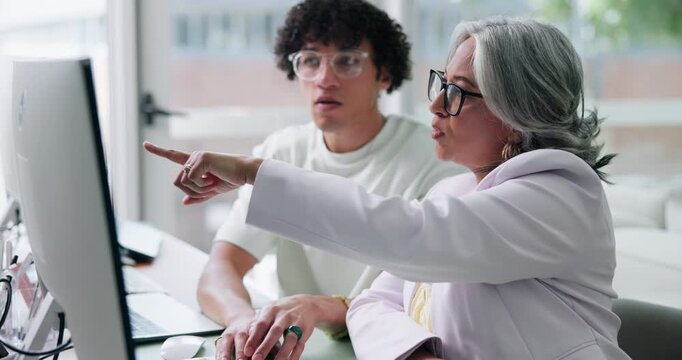 Marketing, review or people in office with computer, mentor advice or aid for campaign pitch. Collaboration, tech or creative director with assistance, help or feedback for brand awareness proposal.
