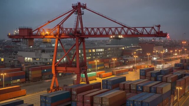 Shipping containers being loaded at dockyard at dusk