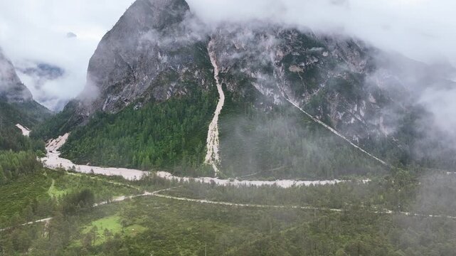 A scenic view of the Dolomites mountain range in Italy.