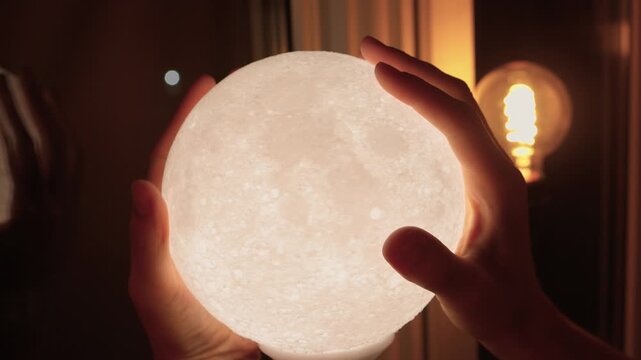 Moon lamp ambiance. Soft illuminated hands with textured surface at bedtime. Relaxing home environment highlighted by gentle moonlight illuminating fingertips and surroundings