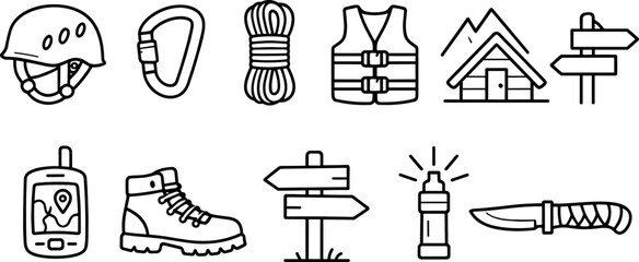 Collection of outdoor adventure and survival gear icons in a simple line art style