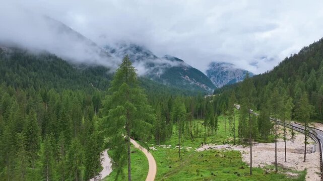 A scenic view of the Dolomites mountain range in Italy.