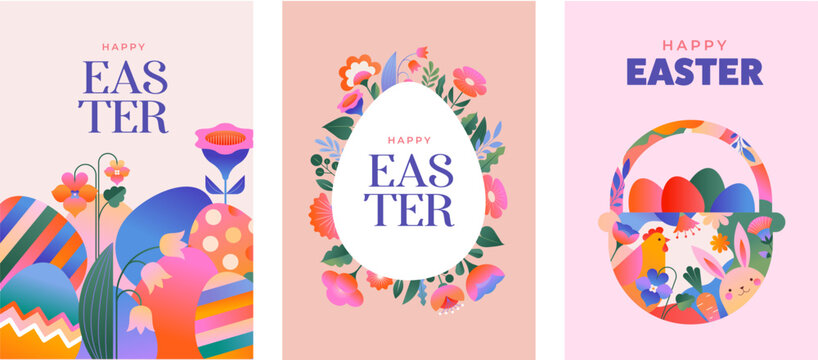 Floral Easter card templates in geometric folk style