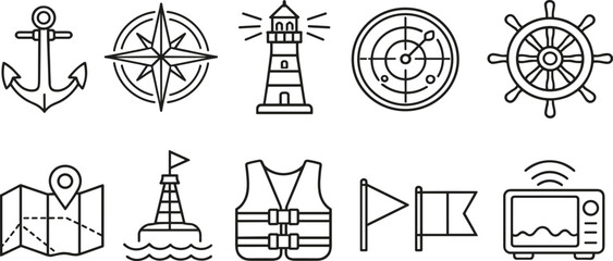 Nautical and marine navigation icons set with anchor, compass, lighthouse, radar, and ship wheel © Vitechek