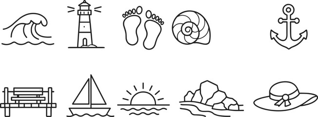 Collection of simple line art icons representing beach and ocean themes