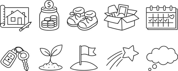 Collection of simple line art icons representing life milestones and goals