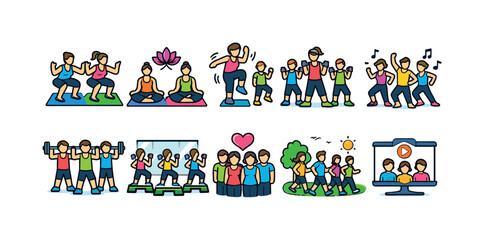 Obraz premium Fitness and wellness outline icon set. exercise, yoga, and group fitness icons.