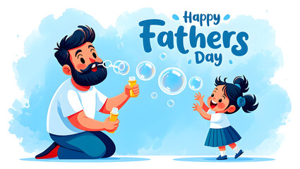 Naklejka premium A happy cartoon father and his daughter blow bubbles together, celebrating 
